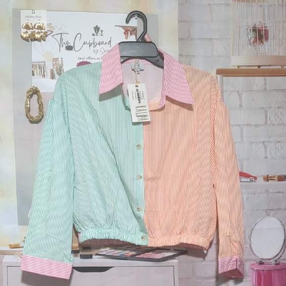 Striped Green and Orange Button-Up Shirt - Picture 1 of 6